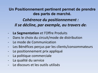 Un Positionnement pertinent permet de prendre
            des parts de marché.
           Cohérence du positionnement :
     Il se décline, par exemple, au travers de:
-   La Segmentation et l’Offre Produits
-   Dans le choix du circuit/mode de distribution
-   Le mode de Communication
-   Les Bénéfices perçus par les clients/consommateurs
-   Le positionnement prix appliqué
-   La politique commerciale
-   La qualité du service
-   Le discours et les outils utilisés
 