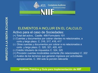 Análisis Práctico y Guía para Implementación de NIIF
IMPUESTOALARENTAECUADOR
ELEMENTOS A INCLUIR EN EL CALCULO:
Activo par...