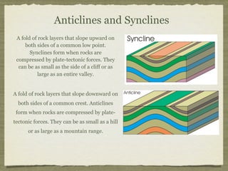 Anticlines and Synclines
 A fold of rock layers that slope upward on
     both sides of a common low point.
       Synclines form when rocks are
 compressed by plate-tectonic forces. They
  can be as small as the side of a cliff or as
          large as an entire valley.


A fold of rock layers that slope downward on
  both sides of a common crest. Anticlines
 form when rocks are compressed by plate-
tectonic forces. They can be as small as a hill
      or as large as a mountain range.
 