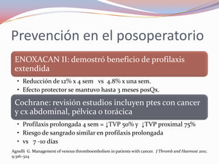 Prevención en el posoperatorio
 ENOXACAN II: demostró beneficio de profilaxis
 extendida
  • Reducción de 12% x 4 sem vs 4.8% x una sem.
  • Efecto protector se mantuvo hasta 3 meses posQx.

 Cochrane: revisión estudios incluyen ptes con cancer
 y cx abdominal, pélvica o torácica
  • Profilaxis prolongada 4 sem = ↓TVP 50% y ↓TVP proximal 75%
  • Riesgo de sangrado similar en profilaxis prolongada
  • vs 7 -10 días
Agnelli G. Management of venous thromboembolism in patients with cancer. J Thromb and Haemost 2011;
9:316–324
 