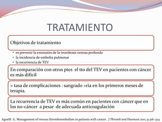 TRATAMIENTO
     Objetivos de tratamiento

       • es prevenir la extensión de la trombosis venosa profunda
       • la incidencia de embolia pulmonar
       • la recurrencia de TEV

     En comparación con otros ptes el tto del TEV en pacientes con cáncer
     es más difícil

     > tasa de complicaciones : sangrado >ría en los primeros meses de
     terapia.

     La recurrencia de TEV es más común en pacientes con cáncer que en
     los no-cáncer a pesar de adecuada anticoagulación

Agnelli G. Management of venous thromboembolism in patients with cancer. J Thromb and Haemost 2011; 9:316–324
 