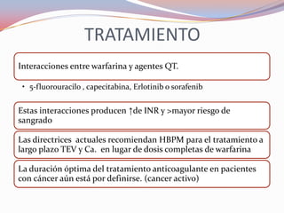 TRATAMIENTO
Interacciones entre warfarina y agentes QT.

 • 5-fluorouracilo , capecitabina, Erlotinib o sorafenib


Estas interacciones producen ↑de INR y >mayor riesgo de
sangrado

Las directrices actuales recomiendan HBPM para el tratamiento a
largo plazo TEV y Ca. en lugar de dosis completas de warfarina

La duración óptima del tratamiento anticoagulante en pacientes
con cáncer aún está por definirse. (cancer activo)
 