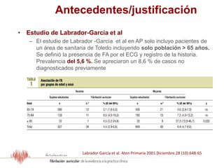 Antecedentes/justificación
• Estudio de Labrador-García et al
– El estudio de Labrador -García et al en AP solo incluyo pacientes de
un área de sanitaria de Toledo incluyendo solo población > 65 años.
Se definió la presencia de FA por el ECG y registro de la historia.
Prevalencia del 5,6 %. Se apreciaron un 8,6 % de casos no
diagnosticados previamente
Labrador García et al. Aten Primaria 2001.Diciembre.28 (10):648-65
 