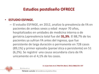 Estudios postdiseño OFRECE
• ESTUDIO ESFINGE.
– El estudio ESFINGE, en 2012, analizo la prevalencia de FA en
pacientes de ambos sexos y edad mayor 70 años,
hospitalizados en unidades de medicina interna o de
geriatria.Laprevalencia total fue del 31,3%. El 88,7% de los
pacientes ya sufrian FA antes del ingreso, que fue
persistente de larga duración o permanente en 728 casos
(89,1%) y primer episodio (paroxı ́stica o persistente) en 51
(6,2%). Se registro ́ una causa secundaria clara de FA
unicamente en el 4,1% de los casos.
A. Lo ́pez Soto et al / Med Clin (Barc). 2012;138(6):231–237
 