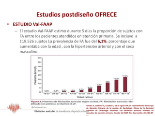 Estudios postdiseño OFRECE
• ESTUDIO Val-FAAP
– El estudio Val-FAAP estimo durante 5 días la proporción de sujetos con
FA entre los pacientes atendidos en atención primaria. Se incluyo a
119.526 sujetos La prevalencia de FA fue del 6,1%, porcentaje que
aumentaba con la edad , con la hipertensión arterial y con el sexo
masculino
Barrios V, Calderón A, Escobar C, De la Figuera M; en representación del Grupo
de Atención Primaria de la sección de Cardiología Clínica de la Sociedad
Española de Cardiología. Pacientes con fibrilación auricular asistidos en
consultas de atención primaria. Estudio Val-FAAP. Rev Esp Cardiol. 2012;65:47-
 