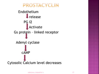 Endothelium
release
PG I2
Activate
Gs protein – linked receptor
Adenyl cyclase
cAMP
Cytosolic Calcium level decreases
 
