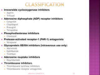  Irreversible cyclooxygenase inhibitors
 Aspirin
 Triflusal
 Adenosine diphosphate (ADP) receptor inhibitors
 Cangrelor
 Clopidogrel
 Prasugrel
 Ticlopidine
 Phosphodiesterase inhibitors
 Cilostazol
 Protease-activated receptor-1 (PAR-1) antagonists
 Vorapaxar
 Glycoprotein IIB/IIIA inhibitors (intravenous use only)
 Abciximab
 Eptifibatide
 Tirofiban
 Adenosine reuptake inhibitors
 Dipyridamole
 Thromboxane inhibitors
 Thromboxane synthase inhibitors
 Thromboxane receptor antagonists
 