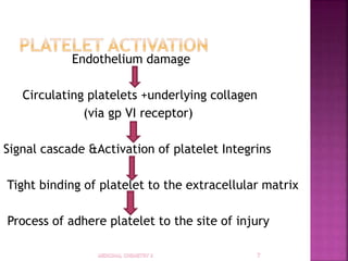 Endothelium damage
Circulating platelets +underlying collagen
(via gp VI receptor)
Signal cascade &Activation of platelet Integrins
Tight binding of platelet to the extracellular matrix
Process of adhere platelet to the site of injury
 