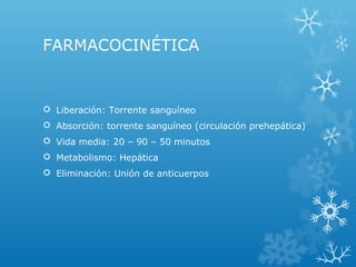 FARMACOCINÉTICA


 Liberación: Torrente sanguíneo
 Absorción: torrente sanguíneo (circulación prehepática)
 Vida media: 20 – 90 – 50 minutos
 Metabolismo: Hepática
 Eliminación: Unión de anticuerpos
 