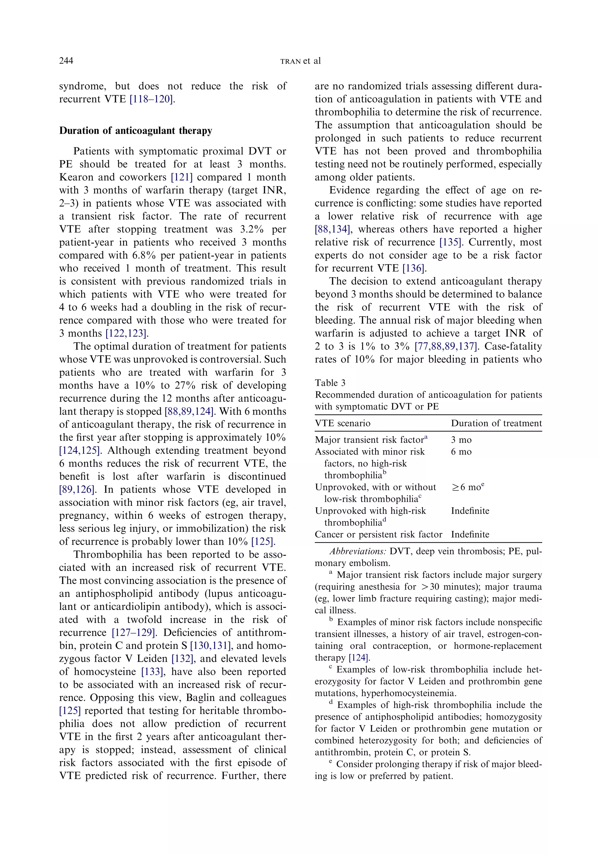 syndrome, but does not reduce the risk of
recurrent VTE [118–120].
Duration of anticoagulant therapy
Patients with symptomatic proximal DVT or
PE should be treated for at least 3 months.
Kearon and coworkers [121] compared 1 month
with 3 months of warfarin therapy (target INR,
2–3) in patients whose VTE was associated with
a transient risk factor. The rate of recurrent
VTE after stopping treatment was 3.2% per
patient-year in patients who received 3 months
compared with 6.8% per patient-year in patients
who received 1 month of treatment. This result
is consistent with previous randomized trials in
which patients with VTE who were treated for
4 to 6 weeks had a doubling in the risk of recur-
rence compared with those who were treated for
3 months [122,123].
The optimal duration of treatment for patients
whose VTE was unprovoked is controversial. Such
patients who are treated with warfarin for 3
months have a 10% to 27% risk of developing
recurrence during the 12 months after anticoagu-
lant therapy is stopped [88,89,124]. With 6 months
of anticoagulant therapy, the risk of recurrence in
the ﬁrst year after stopping is approximately 10%
[124,125]. Although extending treatment beyond
6 months reduces the risk of recurrent VTE, the
beneﬁt is lost after warfarin is discontinued
[89,126]. In patients whose VTE developed in
association with minor risk factors (eg, air travel,
pregnancy, within 6 weeks of estrogen therapy,
less serious leg injury, or immobilization) the risk
of recurrence is probably lower than 10% [125].
Thrombophilia has been reported to be asso-
ciated with an increased risk of recurrent VTE.
The most convincing association is the presence of
an antiphospholipid antibody (lupus anticoagu-
lant or anticardiolipin antibody), which is associ-
ated with a twofold increase in the risk of
recurrence [127–129]. Deﬁciencies of antithrom-
bin, protein C and protein S [130,131], and homo-
zygous factor V Leiden [132], and elevated levels
of homocysteine [133], have also been reported
to be associated with an increased risk of recur-
rence. Opposing this view, Baglin and colleagues
[125] reported that testing for heritable thrombo-
philia does not allow prediction of recurrent
VTE in the ﬁrst 2 years after anticoagulant ther-
apy is stopped; instead, assessment of clinical
risk factors associated with the ﬁrst episode of
VTE predicted risk of recurrence. Further, there
are no randomized trials assessing diﬀerent dura-
tion of anticoagulation in patients with VTE and
thrombophilia to determine the risk of recurrence.
The assumption that anticoagulation should be
prolonged in such patients to reduce recurrent
VTE has not been proved and thrombophilia
testing need not be routinely performed, especially
among older patients.
Evidence regarding the eﬀect of age on re-
currence is conﬂicting: some studies have reported
a lower relative risk of recurrence with age
[88,134], whereas others have reported a higher
relative risk of recurrence [135]. Currently, most
experts do not consider age to be a risk factor
for recurrent VTE [136].
The decision to extend anticoagulant therapy
beyond 3 months should be determined to balance
the risk of recurrent VTE with the risk of
bleeding. The annual risk of major bleeding when
warfarin is adjusted to achieve a target INR of
2 to 3 is 1% to 3% [77,88,89,137]. Case-fatality
rates of 10% for major bleeding in patients who
Table 3
Recommended duration of anticoagulation for patients
with symptomatic DVT or PE
VTE scenario Duration of treatment
Major transient risk factora
3 mo
Associated with minor risk
factors, no high-risk
thrombophiliab
6 mo
Unprovoked, with or without
low-risk thrombophiliac
R6 moe
Unprovoked with high-risk
thrombophiliad
Indeﬁnite
Cancer or persistent risk factor Indeﬁnite
Abbreviations: DVT, deep vein thrombosis; PE, pul-
monary embolism.
a
Major transient risk factors include major surgery
(requiring anesthesia for O30 minutes); major trauma
(eg, lower limb fracture requiring casting); major medi-
cal illness.
b
Examples of minor risk factors include nonspeciﬁc
transient illnesses, a history of air travel, estrogen-con-
taining oral contraception, or hormone-replacement
therapy [124].
c
Examples of low-risk thrombophilia include het-
erozygosity for factor V Leiden and prothrombin gene
mutations, hyperhomocysteinemia.
d
Examples of high-risk thrombophilia include the
presence of antiphospholipid antibodies; homozygosity
for factor V Leiden or prothrombin gene mutation or
combined heterozygosity for both; and deﬁciencies of
antithrombin, protein C, or protein S.
e
Consider prolonging therapy if risk of major bleed-
ing is low or preferred by patient.
244 TRAN et al
 