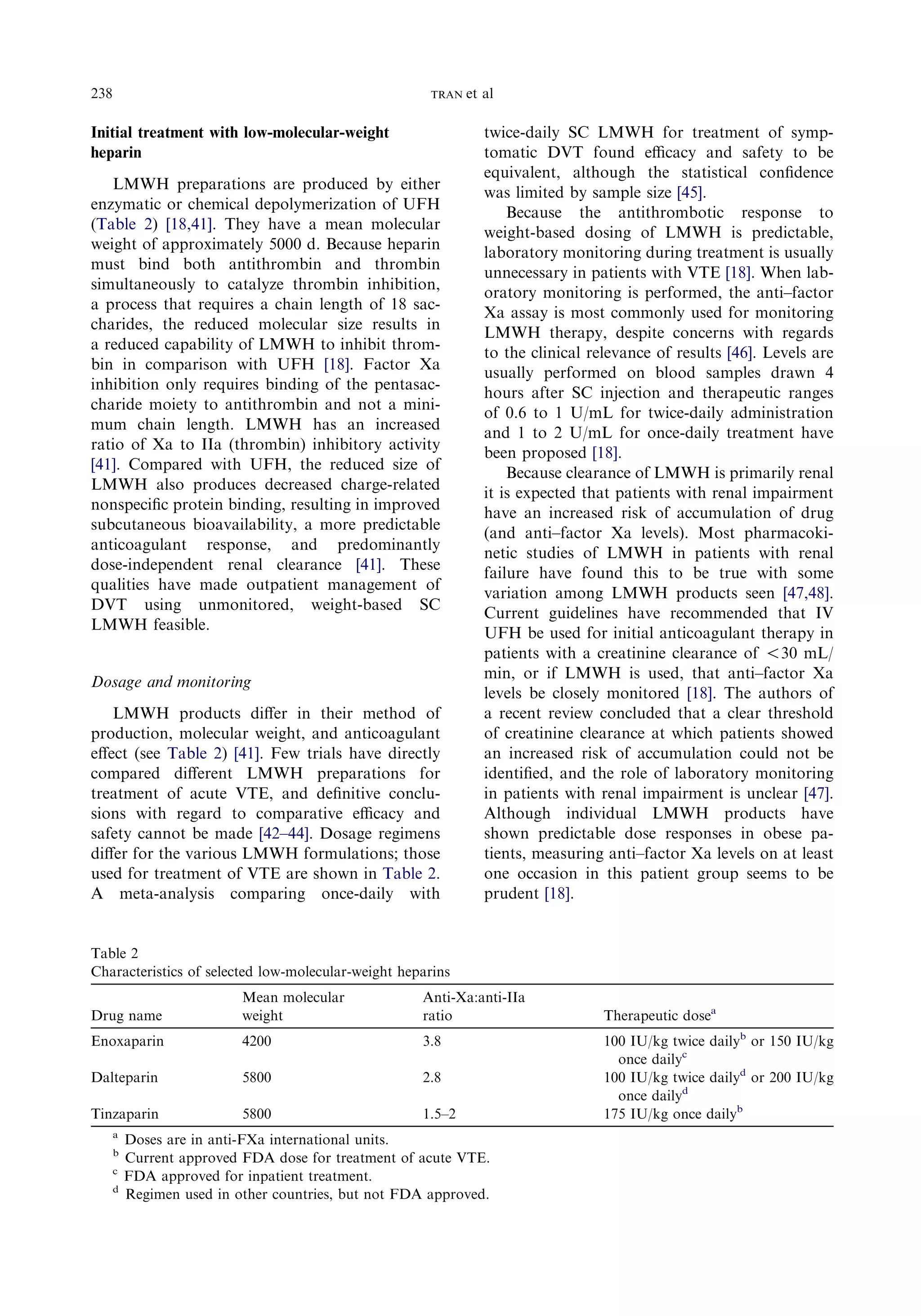 Initial treatment with low-molecular-weight
heparin
LMWH preparations are produced by either
enzymatic or chemical depolymerization of UFH
(Table 2) [18,41]. They have a mean molecular
weight of approximately 5000 d. Because heparin
must bind both antithrombin and thrombin
simultaneously to catalyze thrombin inhibition,
a process that requires a chain length of 18 sac-
charides, the reduced molecular size results in
a reduced capability of LMWH to inhibit throm-
bin in comparison with UFH [18]. Factor Xa
inhibition only requires binding of the pentasac-
charide moiety to antithrombin and not a mini-
mum chain length. LMWH has an increased
ratio of Xa to IIa (thrombin) inhibitory activity
[41]. Compared with UFH, the reduced size of
LMWH also produces decreased charge-related
nonspeciﬁc protein binding, resulting in improved
subcutaneous bioavailability, a more predictable
anticoagulant response, and predominantly
dose-independent renal clearance [41]. These
qualities have made outpatient management of
DVT using unmonitored, weight-based SC
LMWH feasible.
Dosage and monitoring
LMWH products diﬀer in their method of
production, molecular weight, and anticoagulant
eﬀect (see Table 2) [41]. Few trials have directly
compared diﬀerent LMWH preparations for
treatment of acute VTE, and deﬁnitive conclu-
sions with regard to comparative eﬃcacy and
safety cannot be made [42–44]. Dosage regimens
diﬀer for the various LMWH formulations; those
used for treatment of VTE are shown in Table 2.
A meta-analysis comparing once-daily with
twice-daily SC LMWH for treatment of symp-
tomatic DVT found eﬃcacy and safety to be
equivalent, although the statistical conﬁdence
was limited by sample size [45].
Because the antithrombotic response to
weight-based dosing of LMWH is predictable,
laboratory monitoring during treatment is usually
unnecessary in patients with VTE [18]. When lab-
oratory monitoring is performed, the anti–factor
Xa assay is most commonly used for monitoring
LMWH therapy, despite concerns with regards
to the clinical relevance of results [46]. Levels are
usually performed on blood samples drawn 4
hours after SC injection and therapeutic ranges
of 0.6 to 1 U/mL for twice-daily administration
and 1 to 2 U/mL for once-daily treatment have
been proposed [18].
Because clearance of LMWH is primarily renal
it is expected that patients with renal impairment
have an increased risk of accumulation of drug
(and anti–factor Xa levels). Most pharmacoki-
netic studies of LMWH in patients with renal
failure have found this to be true with some
variation among LMWH products seen [47,48].
Current guidelines have recommended that IV
UFH be used for initial anticoagulant therapy in
patients with a creatinine clearance of !30 mL/
min, or if LMWH is used, that anti–factor Xa
levels be closely monitored [18]. The authors of
a recent review concluded that a clear threshold
of creatinine clearance at which patients showed
an increased risk of accumulation could not be
identiﬁed, and the role of laboratory monitoring
in patients with renal impairment is unclear [47].
Although individual LMWH products have
shown predictable dose responses in obese pa-
tients, measuring anti–factor Xa levels on at least
one occasion in this patient group seems to be
prudent [18].
Table 2
Characteristics of selected low-molecular-weight heparins
Drug name
Mean molecular
weight
Anti-Xa:anti-IIa
ratio Therapeutic dosea
Enoxaparin 4200 3.8 100 IU/kg twice dailyb
or 150 IU/kg
once dailyc
Dalteparin 5800 2.8 100 IU/kg twice dailyd
or 200 IU/kg
once dailyd
Tinzaparin 5800 1.5–2 175 IU/kg once dailyb
a
Doses are in anti-FXa international units.
b
Current approved FDA dose for treatment of acute VTE.
c
FDA approved for inpatient treatment.
d
Regimen used in other countries, but not FDA approved.
238 TRAN et al
 