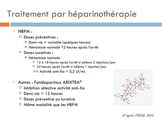 Traitement par héparinothérapie
    HBPM :
        Doses préventives :
            Demi-vie = variable (quelques heures)
            Hémostase normale 12 heures après l’arrêt
        Doses curatives :
            Hémostase normale
                  12 à 18 heures après l’arrêt si schéma 2 injections/jour
                  24 heures après l’arrêt si schéma 1 injection/jour
               => Activité anti-Xa < 0,2 UI/mL

    Autres : Fondaparinux ARIXTRA®
        Inhibition sélective activité anti-Xa
        Demi-vie = 15 heures
        Doses préventive ou curative
        Même modalité que les HBPM

                                                                              D’après VIDAL 2010
 
