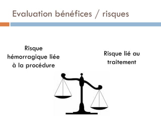 Evaluation bénéfices / risques


     Risque
hémorragique liée       Risque lié au
 à la procédure          traitement
 