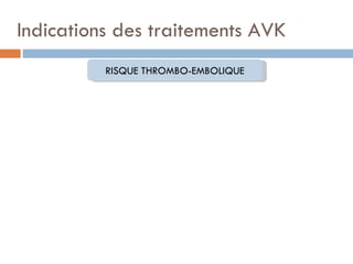 Indications des traitements AVK
          RISQUE THROMBO-EMBOLIQUE
 
