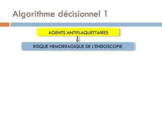 Algorithme décisionnel 1
           AGENTS ANTIPLAQUETTAIRES

     RISQUE HEMORRAGIQUE DE L’ENDOSCOPIE
 
