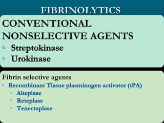 FIBRINOLYTICS
CONVENTIONAL
NONSELECTIVE AGENTS
Fibrin selective agents
 