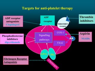 Targets for anti-platelet therapy
Aspirin
NSAIDs
ADP
receptor
COX-1
TXA2
GPIIb - IIIa
Signalling
pathways
ADP receptor
antagonists
Clopidogrel THROMBIN
receptor
Thrombin
inhibitors
II
Phosphodiesterase
inhibitors
dipyridamole
Fibrinogen Receptor
Antagonists
AA
 