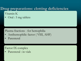 Drug preparations: clotting deficiencies
Vitamin K
• Oral : 5 mg tablets
Plasma fractions - for hemophilia
• Antihemophilic factor ( VIII, AHF)
• Parenteral
Factor IX complex
• Parenteral : in vials
 