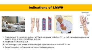Indications of LMWH
• Prophylaxis of deep vein thrombosis (dVT)and pulmonary embolism (PE) in high-risk patients undergoing
surgery; stroke or other immobilized patients.
• Treatment of established DVT.
• Unstable angina (UA) and MI: they have largely replaced continuous infusion of UFH.
• To maintain patency of cannulae and shunts in dialysis patients.
 