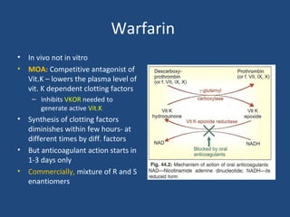 Warfarin
•
•

In vivo not in vitro
MOA: Competitive antagonist of
Vit.K – lowers the plasma level of
vit. K dependent clotting factors
– Inhibits VKOR needed to
generate active Vit.K

•

•
•

Synthesis of clotting factors
diminishes within few hours- at
different times by diff. factors
But anticoagulant action starts in
1-3 days only
Commercially, mixture of R and S
enantiomers

 