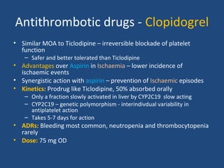 Antithrombotic drugs - Clopidogrel
• Similar MOA to Ticlodipine – irreversible blockade of platelet
function
– Safer and better tolerated than Ticlodipine

• Advantages over Aspirin in Ischaemia – lower incidence of
ischaemic events
• Synergistic action with aspirin – prevention of Ischaemic episodes
• Kinetics: Prodrug like Ticlodipine, 50% absorbed orally
– Only a fraction slowly activated in liver by CYP2C19 slow acting
– CYP2C19 – genetic polymorphism - interindivdual variability in
antiplatelet action
– Takes 5-7 days for action

• ADRs: Bleeding most common, neutropenia and thrombocytopenia
rarely
• Dose: 75 mg OD

 