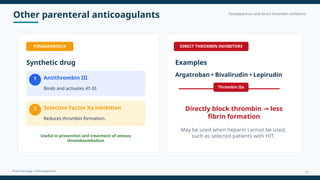 Other parenteral anticoagulants Fondaparinux and direct thrombin inhibitors
Pharmacology • Anticoagulants
FONDAPARINUX
Synthetic drug
1 Antithrombin III
Binds and activates AT-III.
2 Selective Factor Xa inhibition
Reduces thrombin formation.
Useful in prevention and treatment of venous
thromboembolism
DIRECT THROMBIN INHIBITORS
Examples
Argatroban • Bivalirudin • Lepirudin
Thrombin IIa
Directly block thrombin less
→
fibrin formation
May be used when heparin cannot be used,
such as selected patients with HIT.
10
 