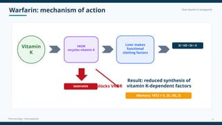 Warfarin: mechanism of action Oral vitamin K antagonist
Pharmacology • Anticoagulants
Vitamin
K
VKOR
recycles vitamin K
Liver makes
functional
clotting factors
II • VII • IX • X
WARFARIN blocks VKOR
Result: reduced synthesis of
vitamin K-dependent factors
Memory: 1972 = X, IX, VII, II
11
 