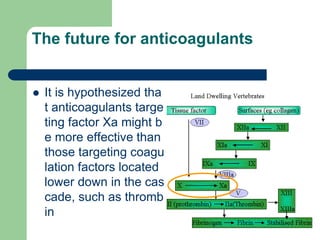 The future for anticoagulants
 It is hypothesized tha
t anticoagulants targe
ting factor Xa might b
e more effective than
those targeting coagu
lation factors located
lower down in the cas
cade, such as thromb
in
 