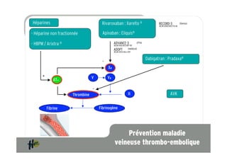 Héparines                               Rivaroxaban : Xarelto ®                            RECORD-3                (Genou)
                                                                                           NEJM 2008;358:2776-86


- Héparine non fractionnée               Apixaban : Eliquis®
  Héparines
- HBPM / Arixtra ®                                ADVANCE-3                 (PTH)
                                                  NEJM 2010;363:2487-98

                                                  ADOPT             (médical)
                                                  NEJM 2011;13 Nov 2011


                                                                                    Dabigatran : Pradaxa®
                                         -
                                             Xa

      +                            V         Va
              ATIII

                                   -
                       Thrombine                                    II                                 AVK

          Fibrine                      Fibrinogène




                                                        Prévention maladie
                                                   veineuse thrombo-embolique
 