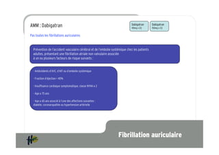 AMM : Dabigatran                                                             Dabigatran
                                                                             110mg x 2/j
                                                                                              Dabigatran
                                                                                              150mg x 2/j

Pas toutes les fibrillations auriculaires


  Prévention de l’accident vasculaire cérébral et de l’embolie systémique chez les patients
  adultes, présentant une fibrillation atriale non valvulaire associée
  à un ou plusieurs facteurs de risque suivants :


  - Antécédents d’AVC, d’AIT ou d’embolie systémique

  - Fraction d’éjection < 40%

  - Insuffisance cardiaque symptomatique, classe NYHA ! 2

  - Age ! 75 ans

  - Age ! 65 ans associé à l’une des affections suivantes :
  diabète, coronaropathie ou hypertension artérielle




                                                                   Fibrillation auriculaire
 