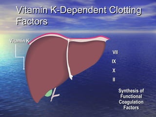 Vitamin K-Dependent Clotting
Factors
Vitamin K
VII
IX
X
II
Synthesis of
Functional
Coagulation
Factors

 
