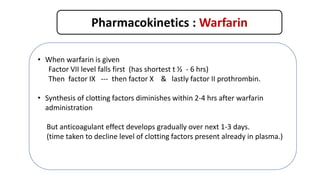 Pharmacokinetics : Warfarin
• When warfarin is given
Factor VII level falls first (has shortest t ½ - 6 hrs)
Then factor IX --- then factor X & lastly factor II prothrombin.
• Synthesis of clotting factors diminishes within 2-4 hrs after warfarin
administration
But anticoagulant effect develops gradually over next 1-3 days.
(time taken to decline level of clotting factors present already in plasma.)
Th. Effect occurs only when synthesis of clotting factors is reduced by 40-50 %
 