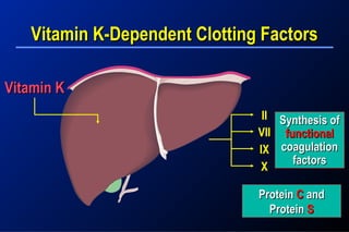 Vitamin KVitamin K
Synthesis ofSynthesis of
functionalfunctional
coagulationcoagulation
factorsfactors
IIII
VIIVII
IXIX
XX
Vitamin K-Dependent Clotting FactorsVitamin K-Dependent Clotting Factors
ProteinProtein CC andand
ProteinProtein SS
 
