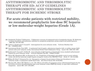 ANTITHROMBOTIC AND THROMBOLYTIC
THERAPY 8TH ED: ACCP GUIDELINES
ANTITHROMBOTIC AND THROMBOLYTIC
THERAPY FOR ISCHEMIC STROKE

 For acute stroke patients with restricted mobility,
  we recommend prophylactic low-dose SC heparin
  or low-molecular-weight heparins (Grade 1A).



[1]  Antiplatelet Trialists' Collaboration :  Collaborative overview of randomised trials of antiplatelet therapy: III. Reduction
     in venous thrombosis and pulmonary embolism by antiplatelet prophylaxis among surgical and medical patients.
       BMJ 308. 235-246.1994
[2]  Gubitz G, Sandercock P, Counsell C:  Anticoagulants for acute ischaemic stroke.   Cochrane Database Syst
     Rev . CD000024.2004
[3]  International Stroke Trial (IST) :  A randomised trial of aspirin, subcutaneous heparin, both, or neither among 19435
      patients with acute ischaemic stroke: International Stroke Trial Collaborative Group.   Lancet 349. 1569-1581.1997;
[4] Sandercock P, Counsell C, Stobbs SL:  Low-molecular-weight heparins or heparinoids versus standard unfractionated
     heparin for acute ischaemic stroke.   Cochrane Database Syst Rev . CD000119.2005; 
[5]  Diener HC, Ringelstein EB, von Kummer R, et al:  Prophylaxis of thrombotic and embolic events in acute ischemic
     stroke with the low-molecular-weight heparin certoparin: results of the PROTECT Trial.   Stroke 37. 139-144.2006
[6 ]Hillbom M, Erila T, Sotaniemi K, et al:  Enoxaparin vs heparin for prevention of deep-vein thrombosis in acute
     ischaemic stroke: a randomized, double-blind study.  Acta Neurol Scand 106. 84-92.2002;
[7]  Sherman DG, Albers GW, Bladin C, et al:  The efficacy and safety of enoxaparin versus unfractionated heparin for the
     prevention of venous thromboembolism after acute ischaemic stroke (PREVAIL Study): an open-label randomised
     comparison.   Lancet 369. 1347-1355.2007;
 