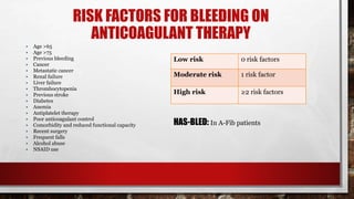 RISK FACTORS FOR BLEEDING ON
ANTICOAGULANT THERAPY
• Age >65
• Age >75
• Previous bleeding
• Cancer
• Metastatic cancer
• Renal failure
• Liver failure
• Thrombocytopenia
• Previous stroke
• Diabetes
• Anemia
• Antiplatelet therapy
• Poor anticoagulant control
• Comorbidity and reduced functional capacity
• Recent surgery
• Frequent falls
• Alcohol abuse
• NSAID use
Low risk 0 risk factors
Moderate risk 1 risk factor
High risk ≥2 risk factors
HAS-BLED: In A-Fib patients
 