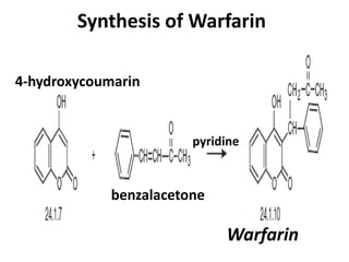 Synthesis of Warfarin
4-hydroxycoumarin
benzalacetone
pyridine
Warfarin
 