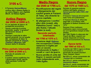 3100 a.C.                            Medio Regno                      Nuovo Regno
                                          dal 2040 al 1786 a.C.           dal 1570 al 1085 a.C.
•   Il Faraone Narmer/Menes           •   Riunificazione del regno •     Periodo di massima potenza
    unifica Alto e Basso Egitto in                                       militare dell’Egitto, grazie ai
    un unico Regno, con capitale          e allargamento dei             faraoni guerrieri della XVIII e XIX
    Menfi, nel Basso Egitto.              confini grazie ai Faraoni      dinastia.
                                          di Tebe, che diventò la •      Il Faraone Tutmosis III conquistò
                                          nuova capitale.                tutta l’area siro-palestinese.
    Antico Regno                                                   •     Il Faraone Ramses II, attaccato
                                                                                                 II
                                      •   Si allargarono i confini
    dal 2650 al 2200 a.C.                 alla Libia (ovest), alla
                                                                         dagli Ittiti, li sconfisse nella
                                                                         Battaglia di Qadesh (Kadesh) nel
•   Fu un periodo di pace e di                                           1275.
    prosperità economica.                 Palestina (nord – est) e
                                          alla Nubia, l’attuale    •     Ramses II fece realizzare
•   Venne costruita la prima                                             moltissime opere monumentali,
    piramide: quella “a gradoni”          Sudan (a sud).                 tra cui il grandioso tempio di Abu
    del faraone Gioser, a
                 Gioser                                                  Simbel.
    Saqqara.                               Secondo periodo          •    Nel 1200 l’Egitto fu attaccato dai
•   Vennero costruite le altre                  intermedio               Popoli del Mare, respinti con
    grandi piramidi, tra cui quelle                                      grande dispendio di risorse
    del complesso di Giza: le             dal 1786 al 1570 a.C.          umane ed economiche da Ramses
    famose piramidi di Cheope,
                         Cheope       •   Invasione degli Hyksos,
                                                             Hyksos      III.
                                                                         III
    Chefren e Micerino, tutti
               Micerino
    faraoni della IV dinastia.            che occuparono il Delta e           Epoca tarda
                                          restarono in Egitto per         dal 1085 al 332 a.C.
                                          oltre un secolo,
Primo periodo intermedio                  introducendo in Egitto i
                                                                     •   A partire dal 1085 il regno si divise
                                                                         nuovamente e fu invaso e
  dal 2200 al 2040 a.C.                   cavalli e i carri da guerra.   governato da popoli stranieri:
•   Periodo di carestie e di                                             Libici, Nubiani, Assiri.
    anarchia.                         •   Nuova perdita di unità del
                                          Regno: in questo periodo   •   Nel 525 a.C. venne conquistato dai
•   Il potere venne suddiviso fra                                        Persiani del re Cambise.
    i governatori locali, perciò          restò indipendente solo
    andò perduta l’unità del                                         •   Nel 332 a.C. venne conquistato da
                                          l’Alto Egitto.                 Alessandro Magno.
                                                                                      Magno
    regno.
                                                                    •    Nel 30 a.C. venne conquistato dai
                                                                         Romani e divenne una provincia.
 