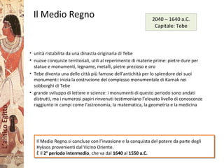 L’anticoEgitto
Il Medio Regno
• unità ristabilita da una dinastia originaria di Tebe
• nuove conquiste territoriali, utili al reperimento di materie prime: pietre dure per
statue e monumenti, legname, metalli, pietre prezioso e oro
• Tebe diventa una delle città più famose dell’antichità per lo splendore dei suoi
monumenti: inizia la costruzione del complesso monumentale di Karnak nei
sobborghi di Tebe
• grande sviluppo di lettere e scienze: i monumenti di questo periodo sono andati
distrutti, ma i numerosi papiri rinvenuti testimoniano l’elevato livello di conoscenze
raggiunto in campi come l’astronomia, la matematica, la geometria e la medicina
Il Medio Regno si concluse con l’invasione e la conquista del potere da parte degli
Hyksos provenienti dal Vicino Oriente.
È il 2° periodo intermedio, che va dal 1640 al 1550 a.C.
Il Medio Regno si concluse con l’invasione e la conquista del potere da parte degli
Hyksos provenienti dal Vicino Oriente.
È il 2° periodo intermedio, che va dal 1640 al 1550 a.C.
2040 – 1640 a.C.
Capitale: Tebe
 