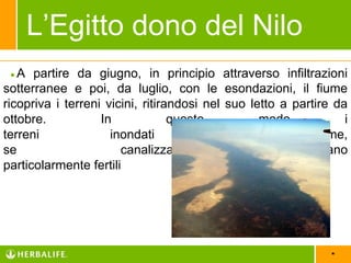 *
●A partire da giugno, in principio attraverso infiltrazioni
sotterranee e poi, da luglio, con le esondazioni, il fiume
ricopriva i terreni vicini, ritirandosi nel suo letto a partire da
ottobre. In questo modo i terreni inondati dal fiume,
se canalizzati, divenivano
particolarmente fertili
L’Egitto dono del Nilo
 