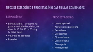 TIPOS DE ESTROGÊNIO E PROGESTAGÊNIO DAS PÍLULAS COMBINADAS
ESTROGÊNIO
• Etinilestradiol – presente na
grande maioria das pílulas, na
dose de 15, 20, 30 ou 35 mcg
(= baixa dose)
• Valerato de estradiol
• Estradiol
PROGESTAGÊNIO
• Levonorgestrel
• Acetato de ciproterona
• Gestodeno
• Desogestrel
• Clormadinona
• Drospirenona
• Dienogeste
• Nomegestrol
 