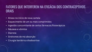 FATORES QUE INTERFEREM NA EFICÁCIA DOS CONTRACEPTIVOS
ORAIS
• Atraso no início de nova cartela
• Esquecimento de um ou mais comprimidos
• Ingestão concomitante de certos fármacos/fitoterápicos
• Náuseas e vômitos
• Diarreia
• Síndromes de má absorção
• Cirurgia bariátrica disabsortiva
 