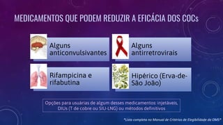 MEDICAMENTOS QUE PODEM REDUZIR A EFICÁCIA DOS COCs
Alguns
anticonvulsivantes
Alguns
antirretrovirais
Rifampicina e
rifabutina
Hipérico (Erva-de-
São João)
Opções para usuárias de algum desses medicamentos: injetáveis,
DIUs (T de cobre ou SIU-LNG) ou métodos definitivos
*Lista completa no Manual de Critérios de Elegibilidade da OMS*
 