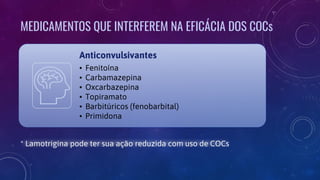 MEDICAMENTOS QUE INTERFEREM NA EFICÁCIA DOS COCs
Anticonvulsivantes
• Fenitoína
• Carbamazepina
• Oxcarbazepina
• Topiramato
• Barbitúricos (fenobarbital)
• Primidona
* Lamotrigina pode ter sua ação reduzida com uso de COCs
 