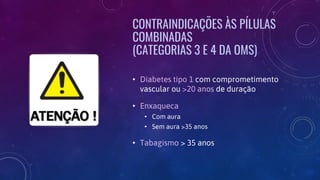 CONTRAINDICAÇÕES ÀS PÍLULAS
COMBINADAS
(CATEGORIAS 3 E 4 DA OMS)
• Diabetes tipo 1 com comprometimento
vascular ou >20 anos de duração
• Enxaqueca
• Com aura
• Sem aura >35 anos
• Tabagismo > 35 anos
 