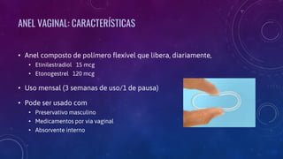 ANEL VAGINAL: CARACTERÍSTICAS
• Anel composto de polímero flexível que libera, diariamente,
• Etinilestradiol 15 mcg
• Etonogestrel 120 mcg
• Uso mensal (3 semanas de uso/1 de pausa)
• Pode ser usado com
• Preservativo masculino
• Medicamentos por via vaginal
• Absorvente interno
 