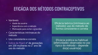 EFICÁCIA DOS MÉTODOS CONTRACEPTIVOS
• Variáveis
• Idade da usuária
• Experiência com o método
• Motivação para evitar a gravidez
• Características intrínsecas do
método
• Uso consistente e correto
• Índice de Pearl: nº de gestações
em 100 mulheres no 1º ano de
uso do método
Eficácia teórica (intrínseca ao
método): uso do método de
forma consistente e correta
Eficácia prática ou habitual
(efetividade): observada no uso
típico do método – depende
do(a) usuário(a)
 