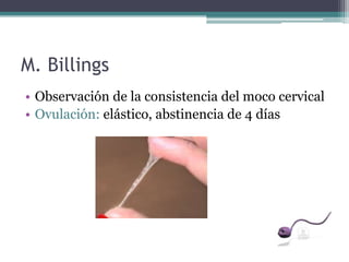 M. Billings
• Observación de la consistencia del moco cervical
• Ovulación: elástico, abstinencia de 4 días
 