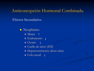 Anticoncepción Hormonal Combinada.
 Neoplasias:
 Mama
 Endometrio
 Ovario
 Cuello de útero (ITS)
 Hepatocarcinoma (dosis altas)
 Colo-rectal
Efectos Secundarios.
 