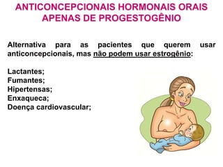 Alternativa para as pacientes que querem usar
anticoncepcionais, mas não podem usar estrogênio:
Lactantes;
Fumantes;
Hipertensas;
Enxaqueca;
Doença cardiovascular;
ANTICONCEPCIONAIS HORMONAIS ORAIS
APENAS DE PROGESTOGÊNIO
 