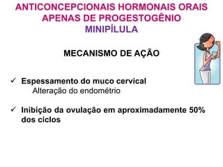 ANTICONCEPCIONAIS HORMONAIS ORAIS
APENAS DE PROGESTOGÊNIO
MINIPÍLULA
 Espessamento do muco cervical
Alteração do endométrio
 Inibição da ovulação em aproximadamente 50%
dos ciclos
MECANISMO DE AÇÃO
 